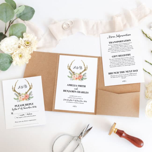 Watercolour Deer Pocketfold Wedding Invitation - Image 3
