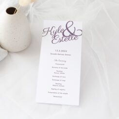 Ampersand with purple bride groom names printed on long order of service