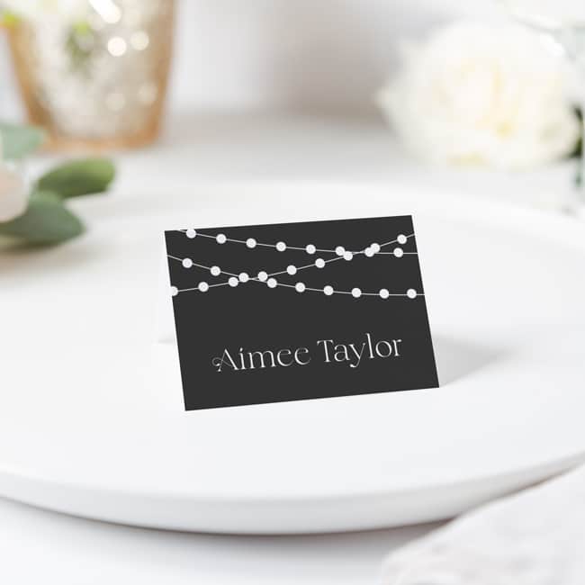 Fairy Lights Black and White Place Card sitting on plate