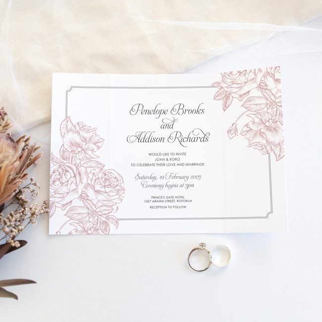 Pink Drawn Roses on White Gatefold Wedding Invitation