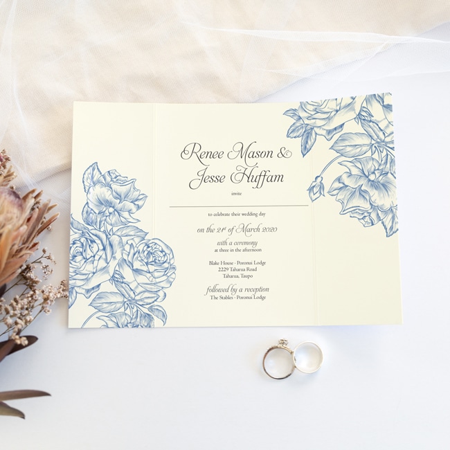 Drawn blue Roses on Cream background Gatefold Wedding Invite