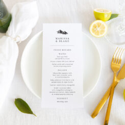wedding menu on side plate with mountain graphic