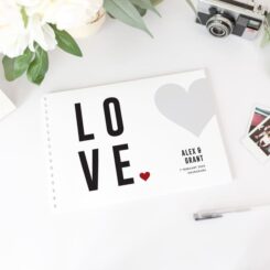 Bold L O V E letter guestbook with white spine