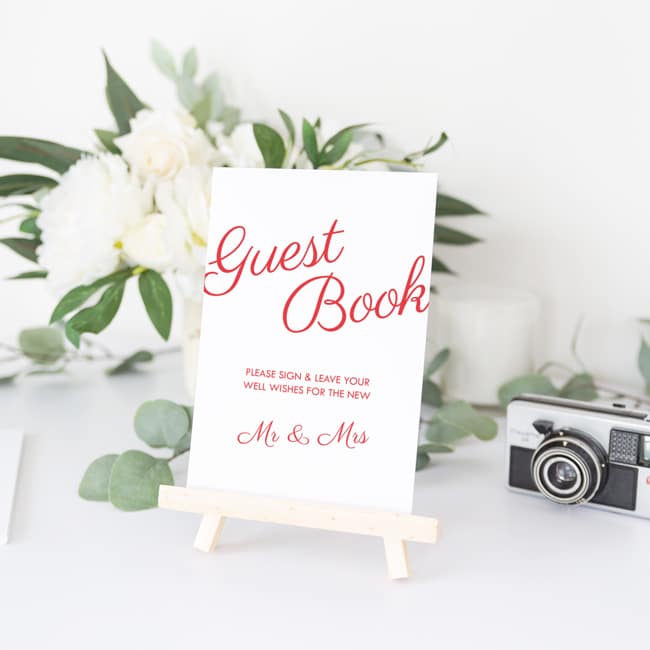 guestbook sign on small wooden easel