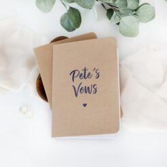 couples names printed in blue onto kraft brown vow book
