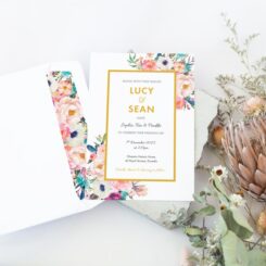 invite and 5x7 white envelope with printed envelope liner