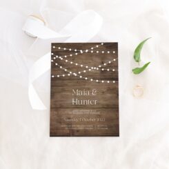 Rustic Fairy Lights on wood wedding invitation