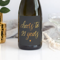 "Cheers to 21 years" wine label