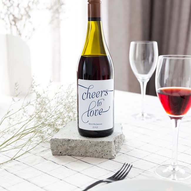 Simple script Navy Cheers to love wine label