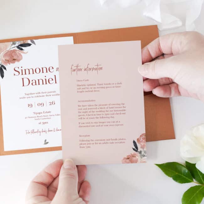 Wedding Invitation Card with details about an adults-free wedding and dress code requirements