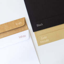 5x7 envelope options, kraft, white, black, gold metallic