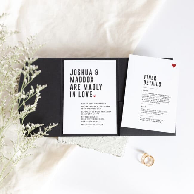 black pocketfold wedding invitation with 1 insert