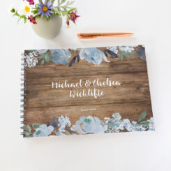 Guestbook with black spine, printed wooden board look cover with blue peonies
