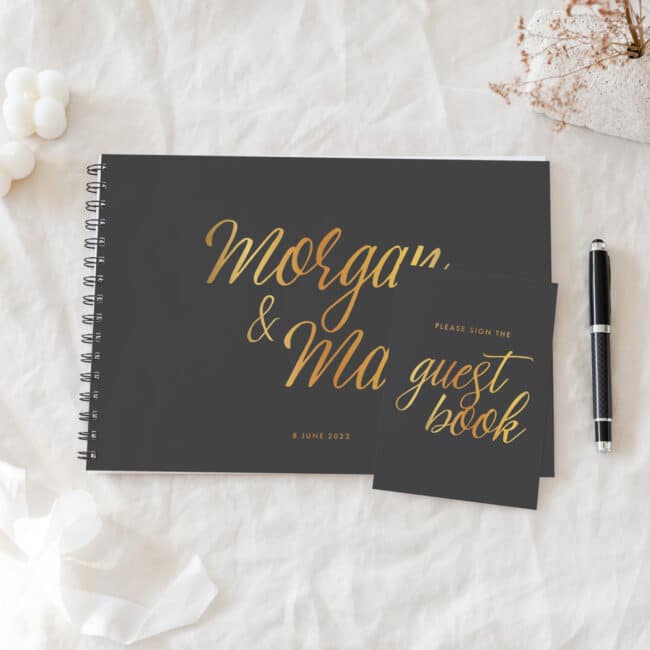 Guestbook and matching A6 sign, black with gold writing
