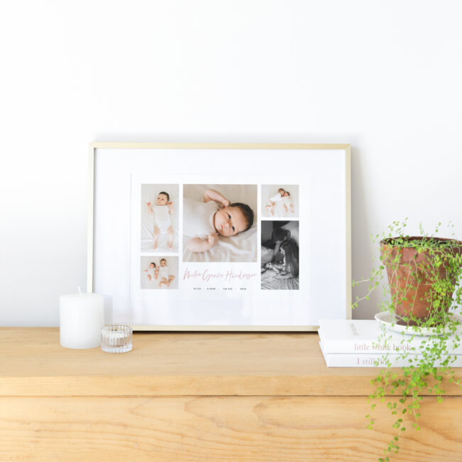 baby photo collage printed poster in gold photo frame