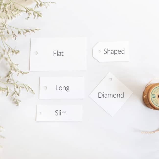 tag size option comparison. Flat, long, slim, shaped and diamond