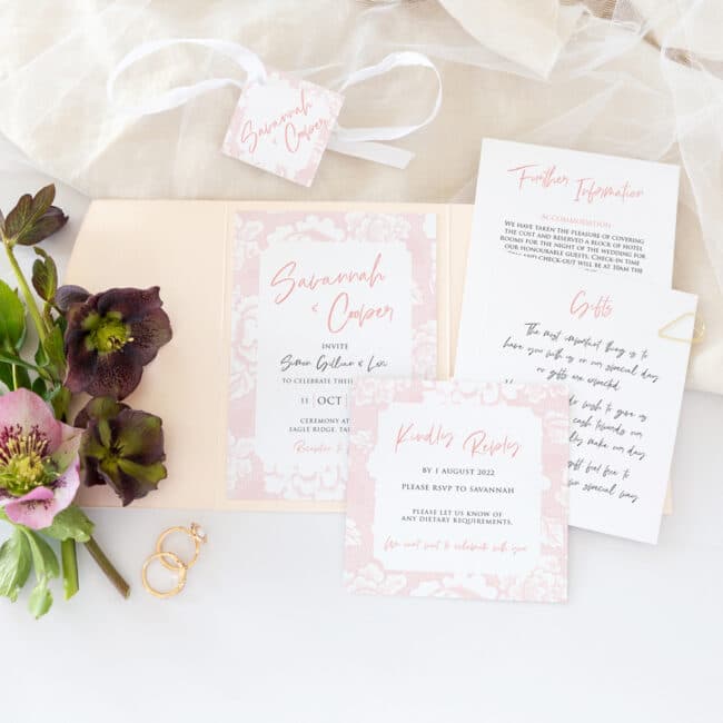 Vintage Grace floral border pink Pocket fold wedding invite