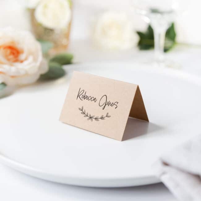 folded placecard kraft card with printed wreath and name